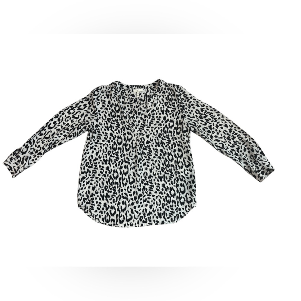 JOIE White/Black Long Sleeve V-Neck Printed Blouse 100% Silk Size XS